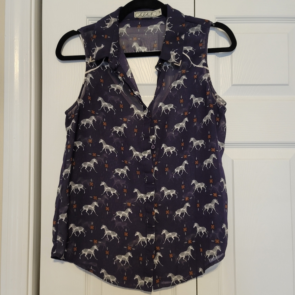 Chloe K navy blue sleeveless western inspired top, size Med
